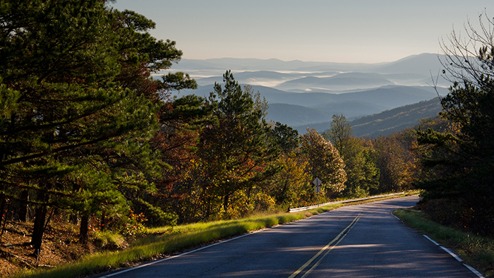 The Talimena National Scenic Byway is only 12 miles from Peckerwood Knob Cabin Rentals