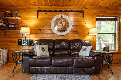 Comfortable and pet friendly furniture at the Sunset Cabin at Peckerwood Knob Cabin Rentals in Oklahoma