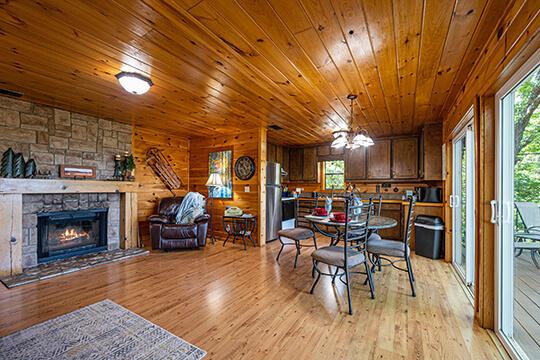 The open floor plan inside the sunset cabin at peckerwood knob cabin rentals in Oklahoma